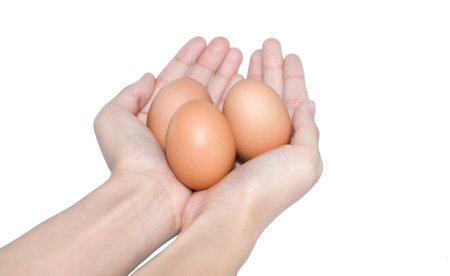 hand holding egg easter day isolated on white backgroundの写真素材