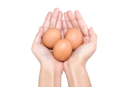 hand holding egg easter day isolated on white backgroundの写真素材