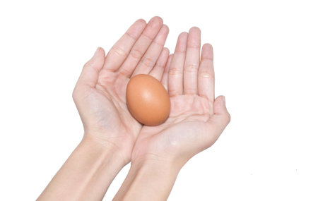 hand holding egg easter day isolated on white backgroundの写真素材