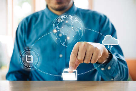 Square Certification and standardization process, iso certified business, conformity to international standards and quality assurance concept. Person touching certificate icon.の写真素材