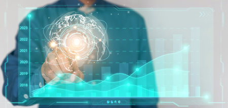 Businessman or trader is showing a growing virtual hologram stock, invest in trading. planning and strategy, Stock market, Business growth. Businessman Touch Screen Concept.の写真素材