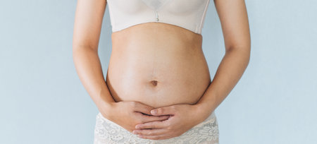 Pregnant woman holds hands on belly and pastel color background. Pregnancy, maternity, preparation and expectation concept. Close-up, copy space. Young woman waiting for baby birth.の写真素材