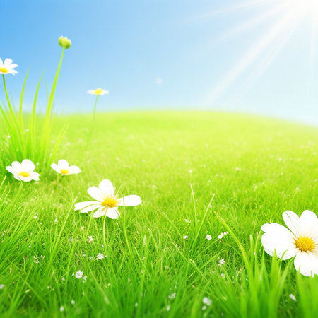 grass and little flowers, sunny day,nature background conceptの素材