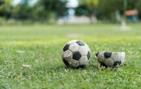 Close up of a old soccer, at the old football field.の写真素材