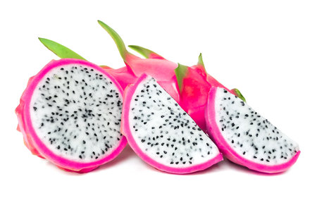Fresh and Juicy Pink Organic Dragon Fruit  White flesh and black seeds, colorful colors, isolated on a white background.の写真素材