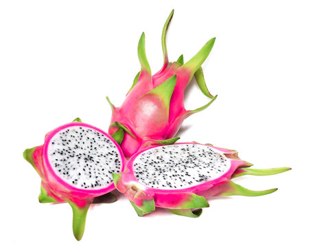 Fresh and Juicy Pink Organic Dragon Fruit  White flesh and black seeds, colorful colors, isolated on a white background.の写真素材