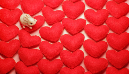 Valentine's Day hearts handmade and toy pink rabbitの写真素材