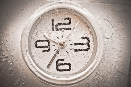 a clock under water   time management   waste time   importance of time   frozen clock