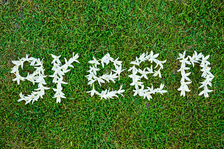 white flowers arranged as a word green
