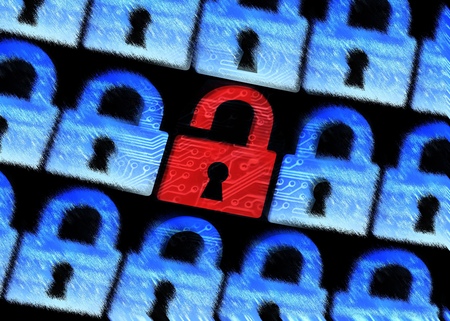 computer security - Hacked symbol of open red padlock surrounded by blur blue padlocks