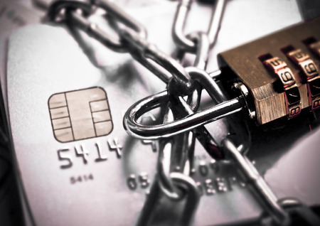 chained credit cards security lock with password - phishing protection conceptの写真素材