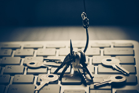 a fish hook with keys on computer circuit board / phishing / computer data theft conceptの写真素材
