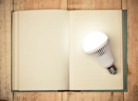 LED lightbulb on open book with blank pages on wood plank backgroundの写真素材