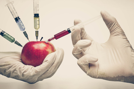 hand injecting chemical to apple - gmo fruitの写真素材
