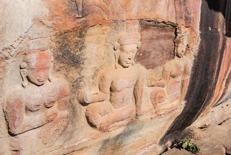 Bas-relief Art of Khmer culture on the Mo Ee Daeng Cliff  in Srisaket province, Thailand, Khao Phra Wihan National Parkのeditorial素材