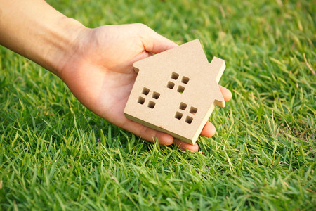 Wooden house on green grass / Eco houseの写真素材