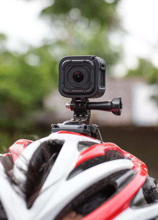Camera installed on a bicycle helmeteの写真素材