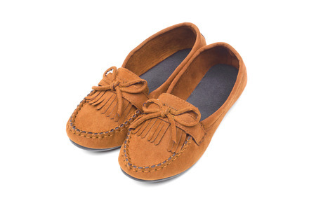A pair of red moccasins isolatedの写真素材