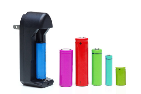 Battery charger with rechargeable batteries in different sizesの写真素材
