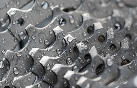 Closeup of wet mountain bike cassette teethの写真素材