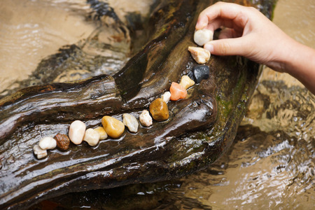 Kid playing with colorful gravels at the beach / Play and love nature conceptの写真素材