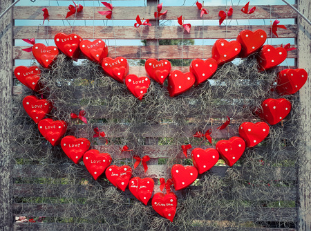 Small red heart shape pots of Spanish moss hung and arranged as a big red heart / Gardening decoration idea conceptの写真素材