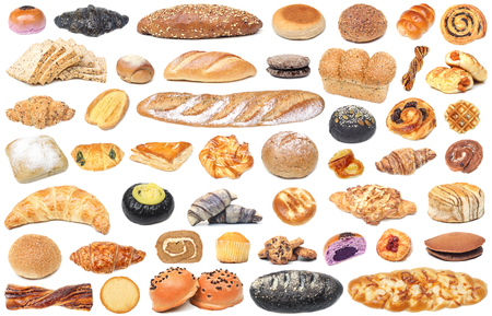 Different types of bread and bakery isolated on white backgroundの写真素材