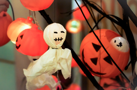 Cute small white ghost decorated for halloween festivalの写真素材