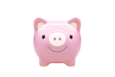 Pink piggy bank closeup isolatedの写真素材