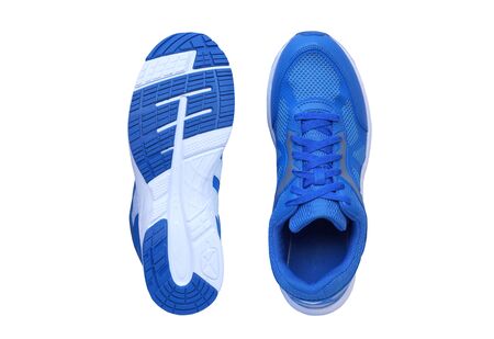 Running shoes in blue color isolated on whiteの写真素材