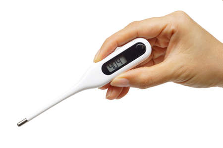 Hand holding a thermometer with a high fever temperatureの写真素材