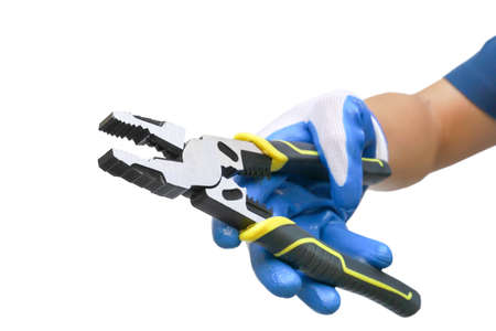 Hand holding pliers isolated on white backgroundの写真素材