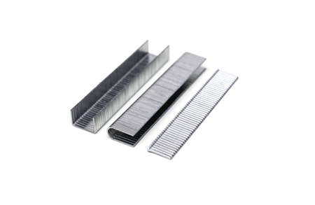 Three different types of staples for staple gun isolated on white backgroundの写真素材