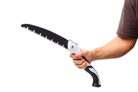 Hand holding a pruning saw isolated on white backgroundの写真素材