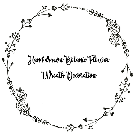 Floral black and white hand drawn wreath vector illustration. Vector circle frame wreath design from doodle roses and foliage. Good for wedding invitaton, birthday, mother's day, valentine and texttile print.のイラスト素材