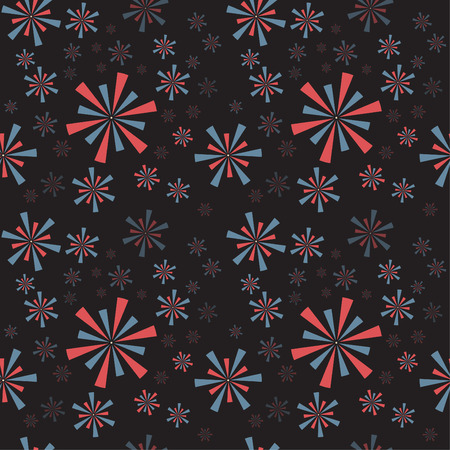 Red, blue circle strip fireworks and sparklers on a dark background. Seamless pattern for Independence Day. Vector illustrationのイラスト素材