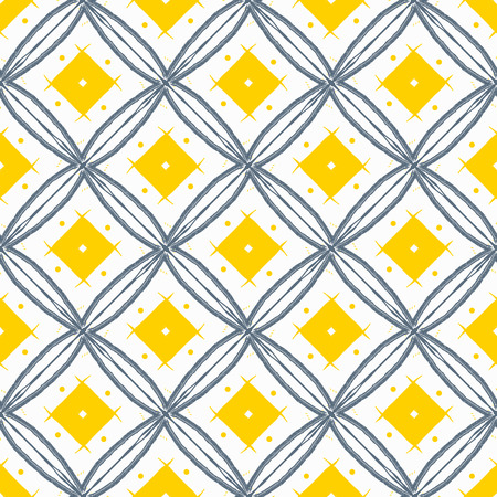 Hand drawn tribal seamless repeating vector pattern. Yellow diamond and black line illustration on white background. Design for print, fabri, invitation, card and backdrop.のイラスト素材