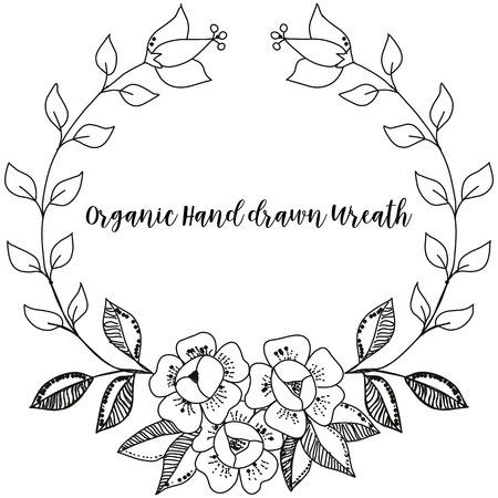 Vector line drawn black and white wreath background Floral wreath ornament. Template for Wedding, Invitation and greeting cards.のイラスト素材
