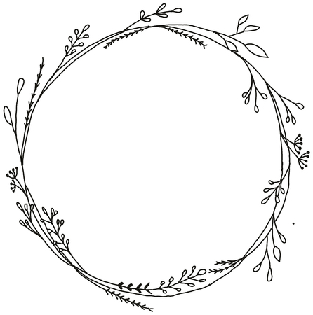 Hand Drawn black and white botanical bouquet wreath. Monochrome creative flower frame for greeting card, modern hand lettering.のイラスト素材