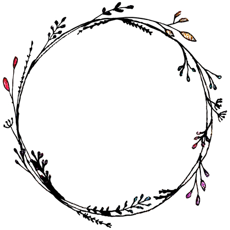Line drawn black and white botanical bouquet with glitter leaf wreath. Monochrome creative flower frame for greeting card, modern hand lettering.のイラスト素材