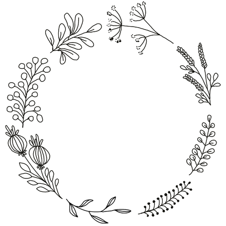 Simple hand made drawing botanical flower and leaf laurel frame. Good template for wedding invitation, print, paper, framing calligraphy and lettering design.のイラスト素材