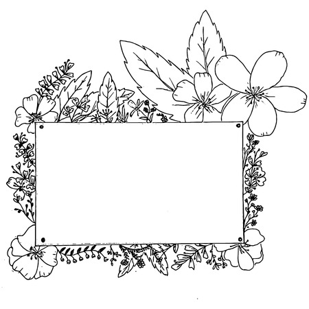 Hand drawn tropical flower and foliage with center area to put your own text. Good template for your own brand, valentine or greeting card and printing on fabric, bag and paper.のイラスト素材