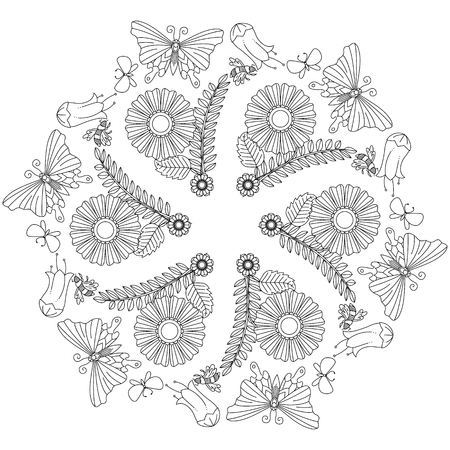 Circle ornament floral, leaf and butterfly pattern for coloring book with abstract figures. Butterfly and flower clean design decorative ornament.のイラスト素材