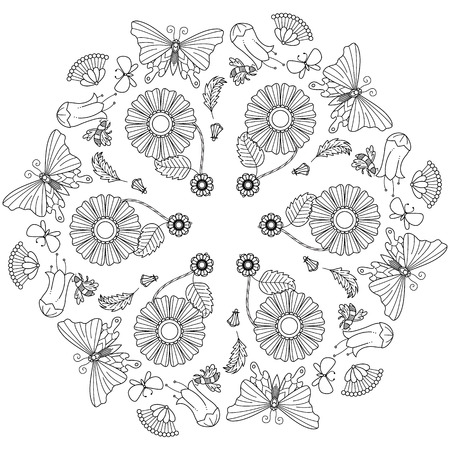 Circle ornament floral, leaf and butterfly pattern for coloring book with abstract figures. Ethnic, floral, retro, doodle, vector, tribal design element. Botanical design Vintage decorative ornament.のイラスト素材