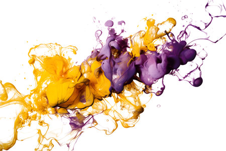 Abstract paint splash isolated on white background. Colorful ink in water. Liquid Flow Yellow and Orange Alcohol Ink Splash.の素材