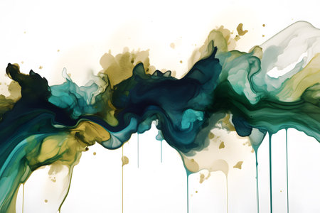 abstract background with blue and green watercolor splashes alchohol ink on white paperの素材