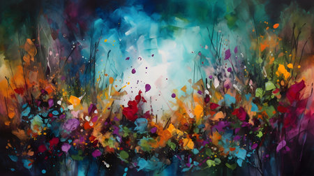Abstract watercolor painting of a meadow with grass and flowers.の素材