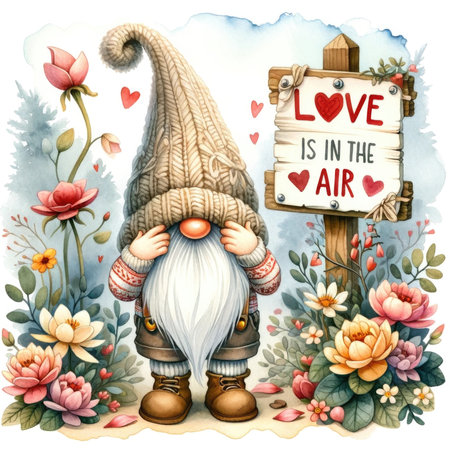 Cute gnome with heart -  Love's in the air. Watercolor illustrationの素材