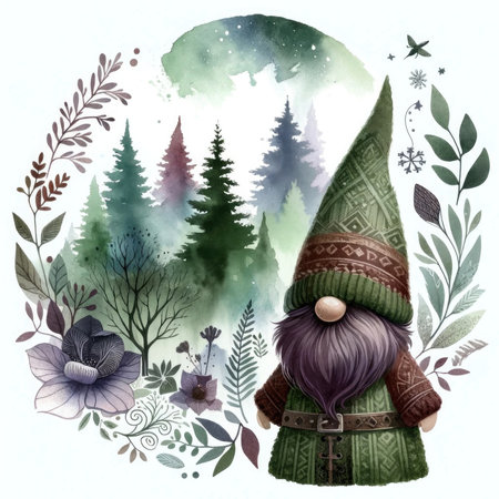 Watercolor Christmas card with cute gnome and forest. Hand drawn illustration.の素材