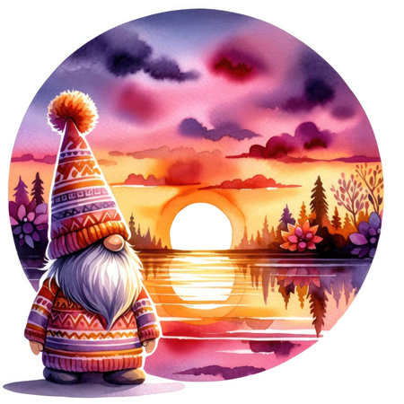 Greeting card with the image of a gnome on the background of the setting sun.の素材